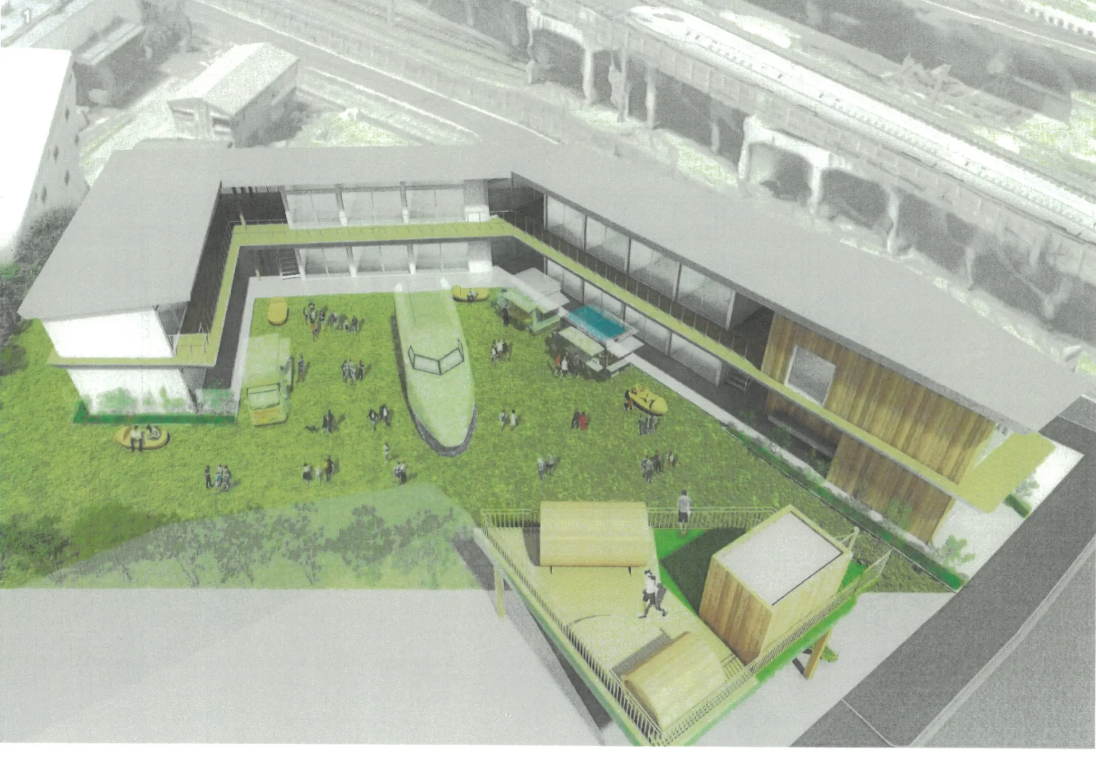 新幹線基地の横に建つ未知の駅 摂津サウナの完成イメージパース